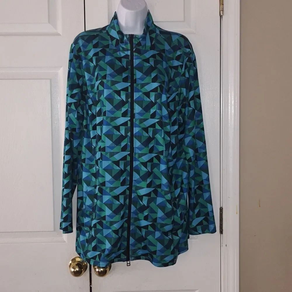 CJ Banks geometric green blue black zip up workout athletic jacket Sz 1X